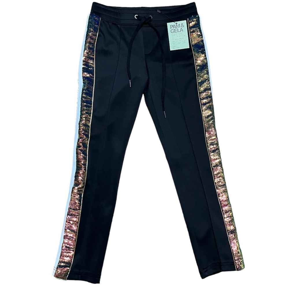 Pam & Gela Wm's Sequined Stripe Crop Track Pant NWT In Black Sz O/XS